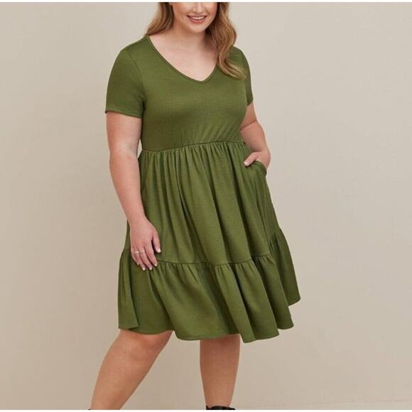 Torrid Mini Rib Knit Babydoll Skater Dress Olive Army Green Size 3 - Picture 1 of 12